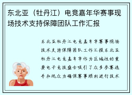 东北亚（牡丹江）电竞嘉年华赛事现场技术支持保障团队工作汇报
